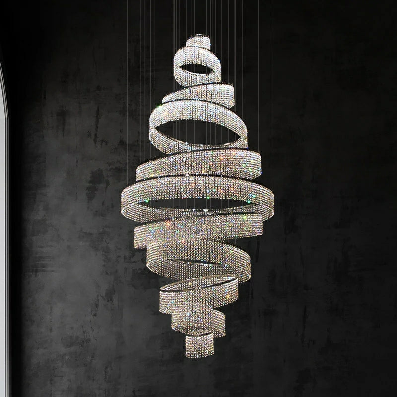 Long Crystal Tassel Rings Chandelier Extra Large Living Room Staircase High Ceiling Lighting Fixture-MEET LIGHTING