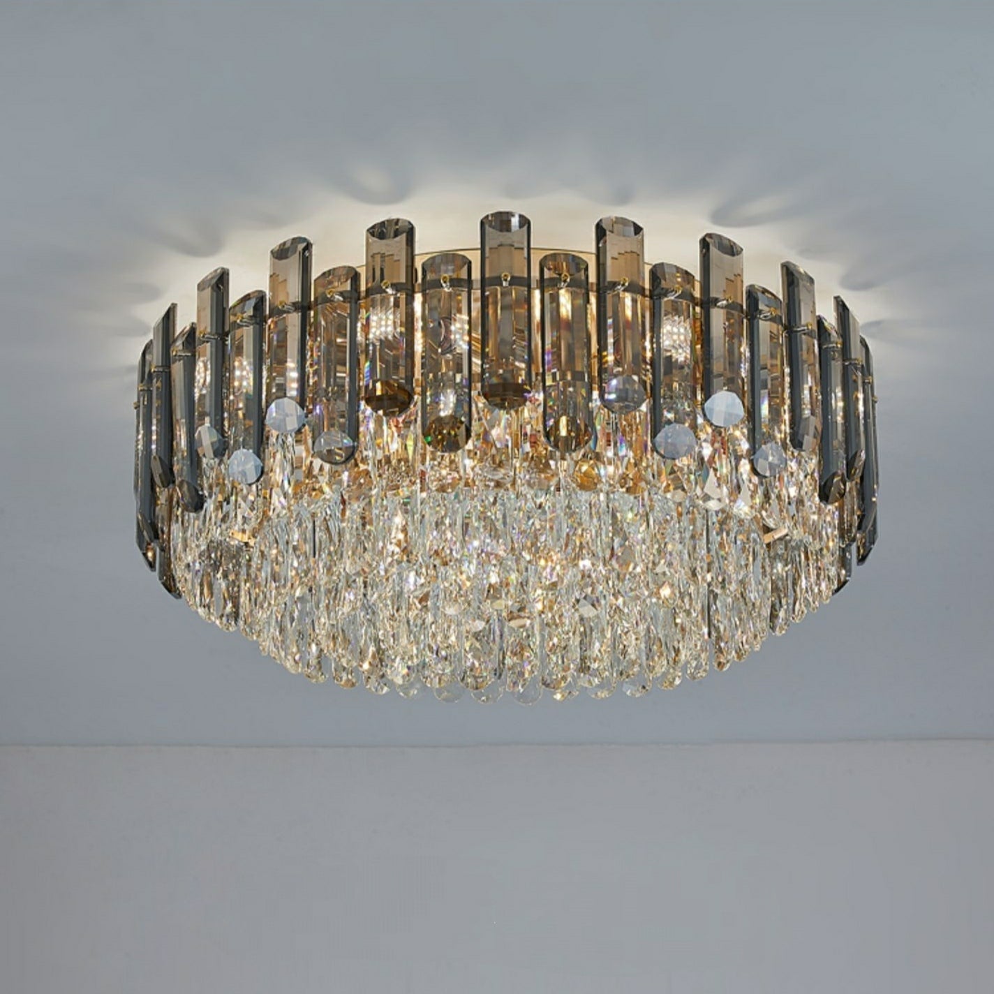 Smoke Gray Crystal Chandelier Flush Mounted Ceiling Light Fitxture Set for Dining Room/Living Room-MEET LIGHTING