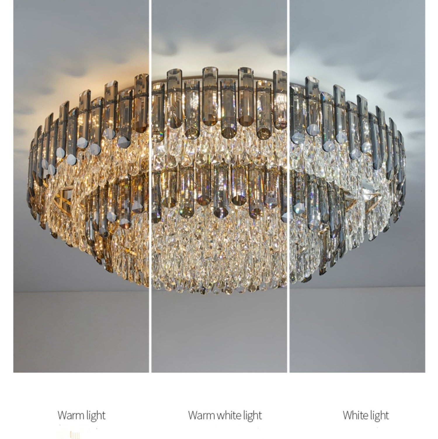 Smoke Gray Crystal Chandelier Flush Mounted Ceiling Light Fitxture Set for Dining Room/Living Room-MEET LIGHTING