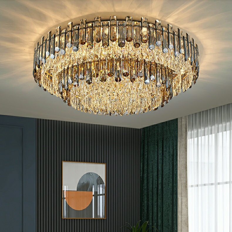 Smoke Gray Crystal Chandelier Flush Mounted Ceiling Light Fitxture Set for Dining Room/Living Room-MEET LIGHTING