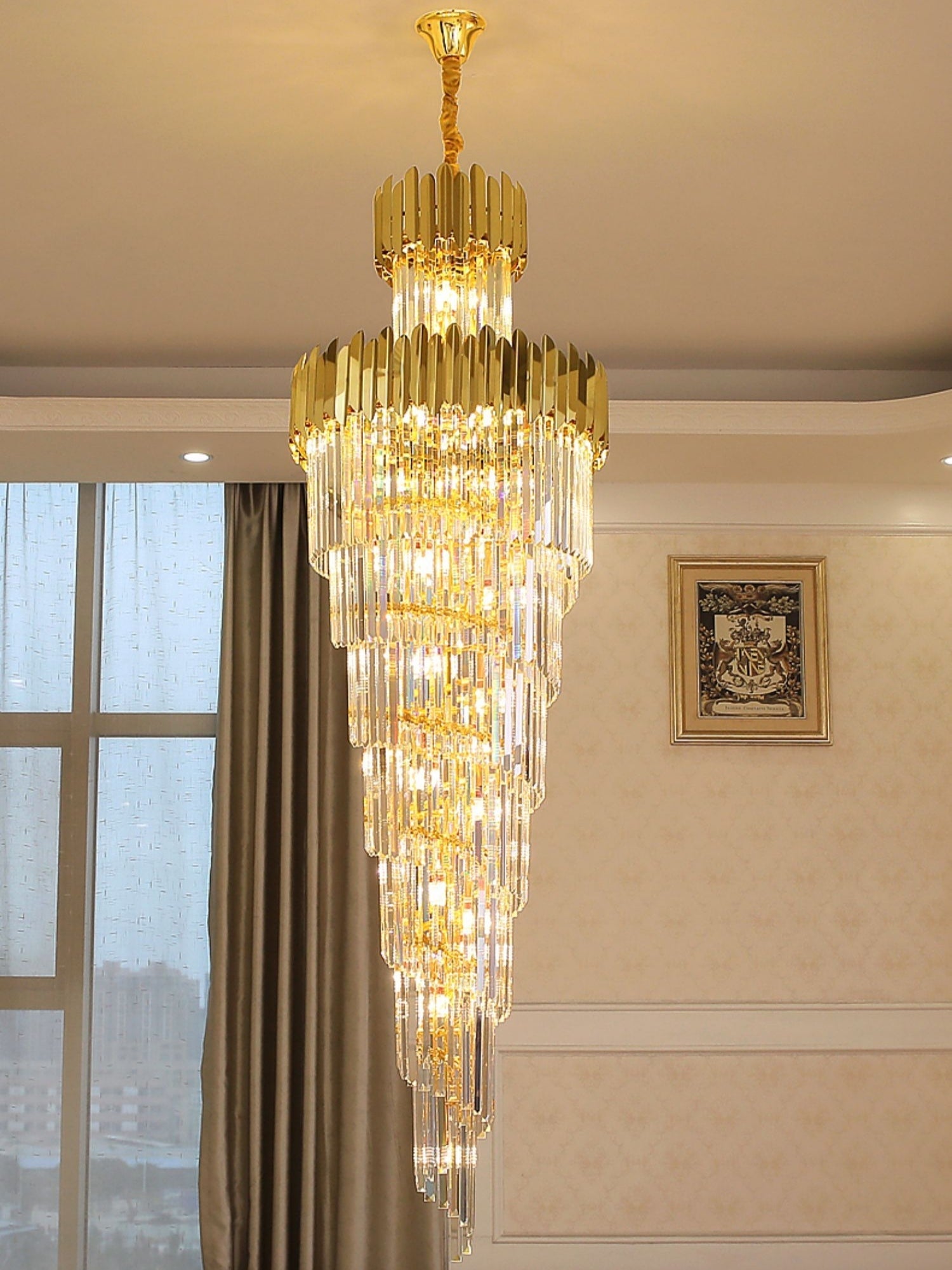 Luxury Gold Trimmed Long Crystal Chandelier Foyer Staircase Extra Large Ceiling Light Fixture-MEET LIGHTING