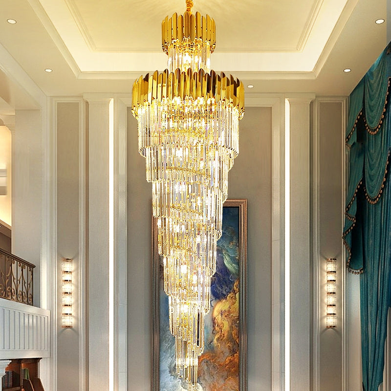 Luxury Gold Trimmed Long Crystal Chandelier Foyer Staircase Extra Large Ceiling Light Fixture-MEET LIGHTING
