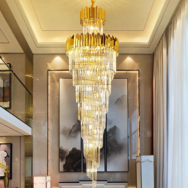 Luxury Gold Trimmed Long Crystal Chandelier Foyer Staircase Extra Large Ceiling Light Fixture-MEET LIGHTING