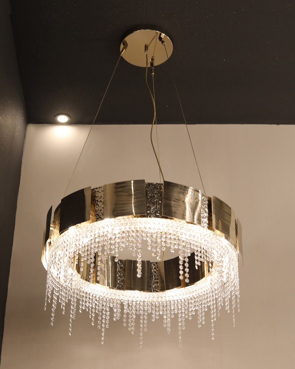 Post-modern Light Luxury Oval/Round Tiered Tassel Crystal Chandelier in Gold Finish for Living/Dining Room-MEET LIGHTING