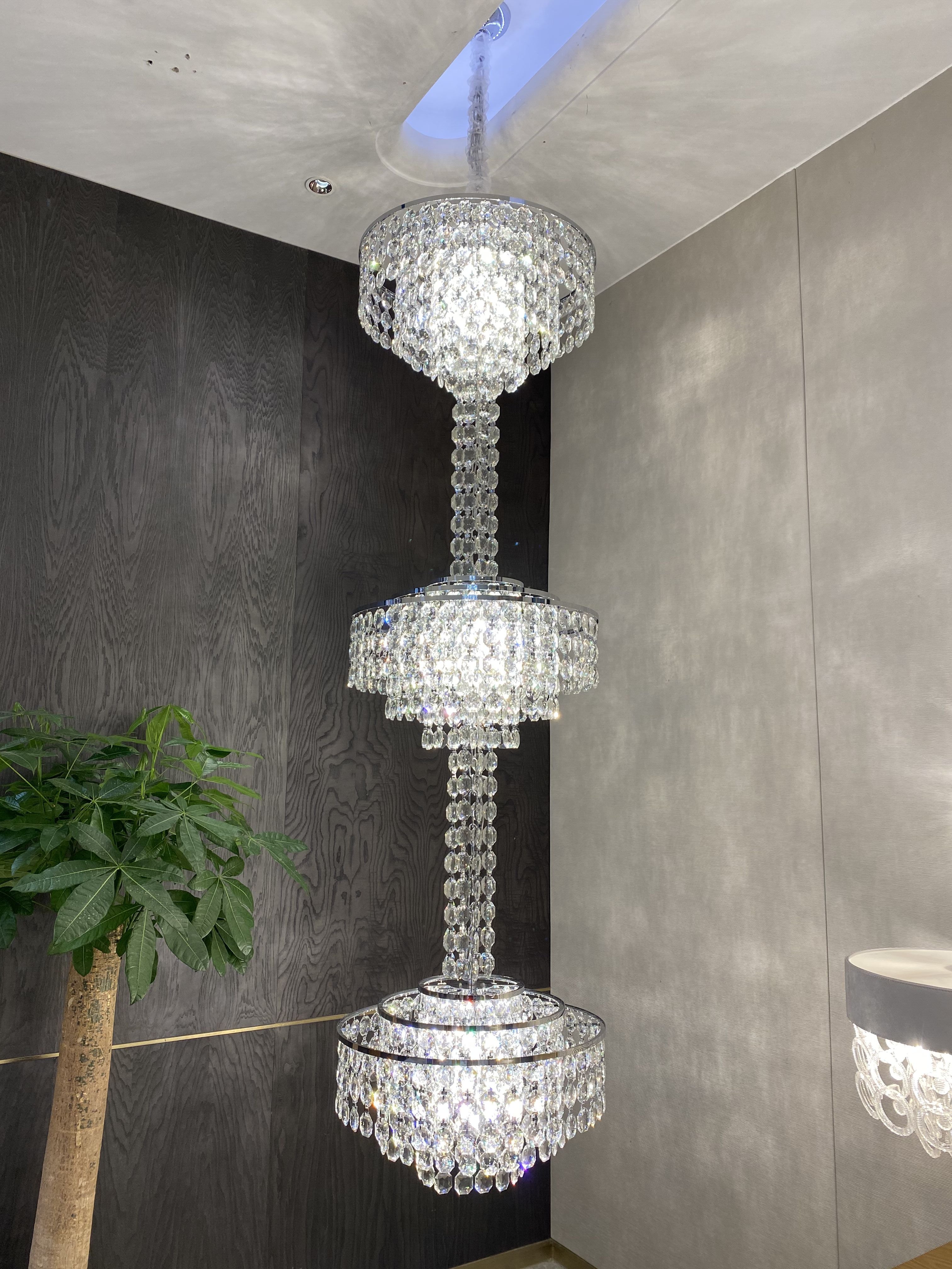 Modern French Elegant Oversized 3-tiered Silver Seashells Long Crystal Chandelier for Staircase-MEET LIGHTING