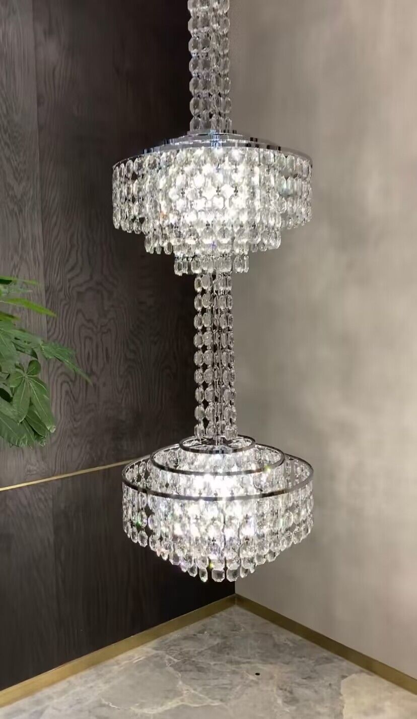 Modern French Elegant Oversized 3-tiered Silver Seashells Long Crystal Chandelier for Staircase-MEET LIGHTING