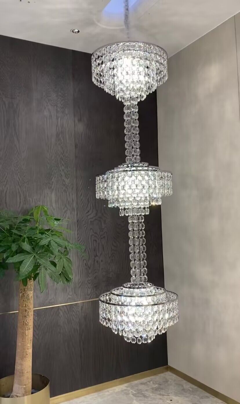 Modern French Elegant Oversized 3-tiered Silver Seashells Long Crystal Chandelier for Staircase-MEET LIGHTING