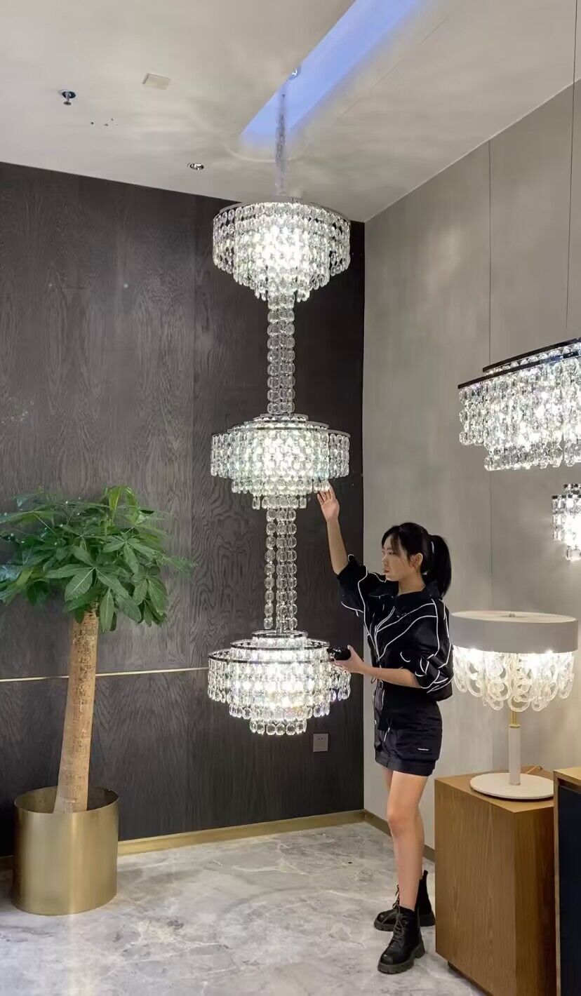 Modern French Elegant Oversized 3-tiered Silver Seashells Long Crystal Chandelier for Staircase-MEET LIGHTING
