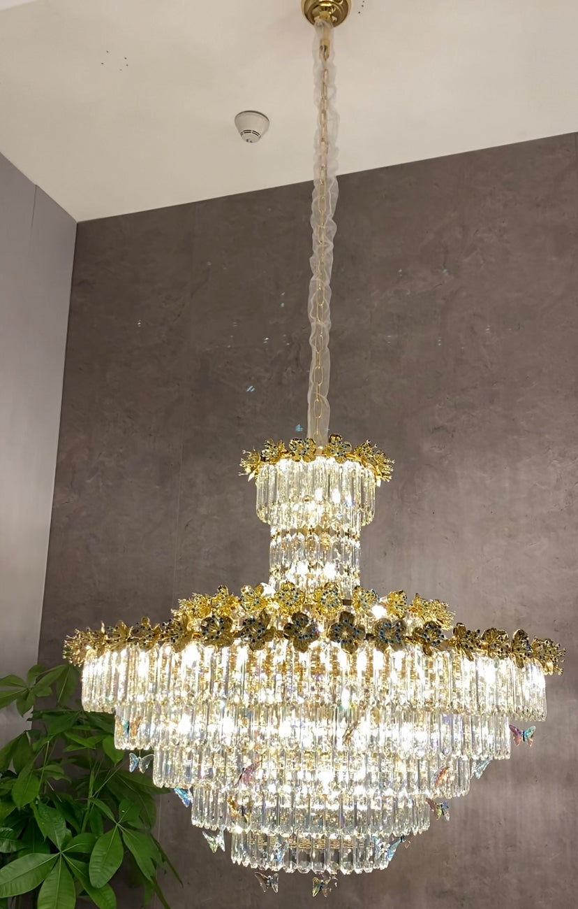 Modern Light Luxury Art Design Butterfly Multi-tiered Round Crystal Chandelier with Golden Flowers for Living Room/Staircase/Foyer-MEET LIGHTING