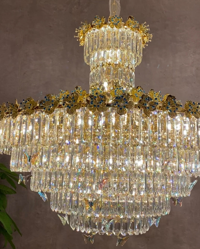 Modern Light Luxury Art Design Butterfly Multi-tiered Round Crystal Chandelier with Golden Flowers for Living Room/Staircase/Foyer-MEET LIGHTING