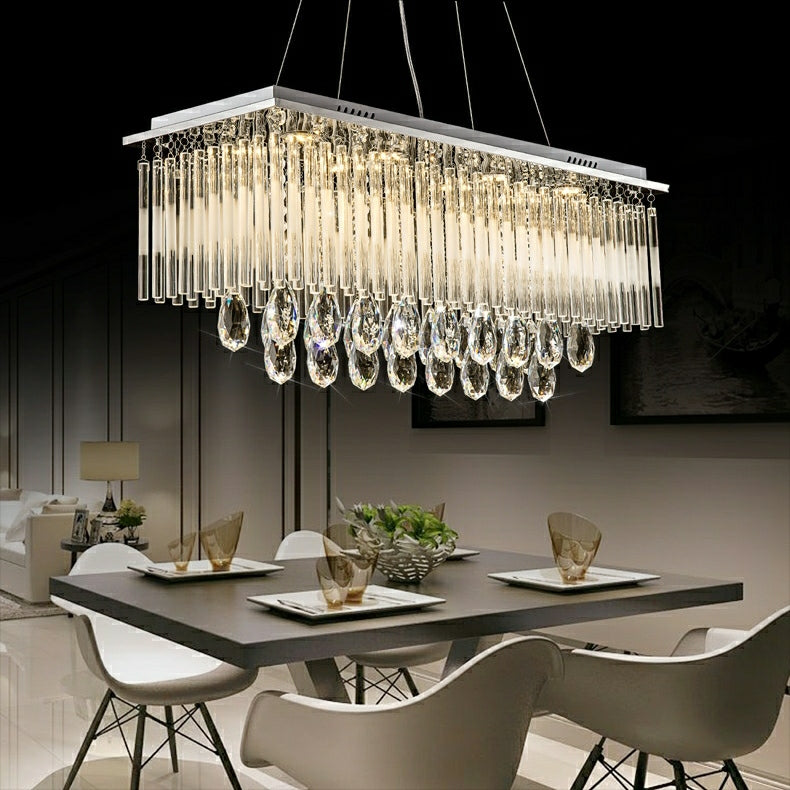 Rectangle Kitchen Island Crystal Drops Chandelier Ceiling Pendant Light For Long Dining Table-MEET LIGHTING