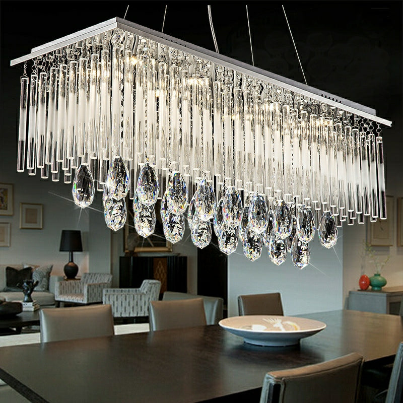 Rectangle Kitchen Island Crystal Drops Chandelier Ceiling Pendant Light For Long Dining Table-MEET LIGHTING