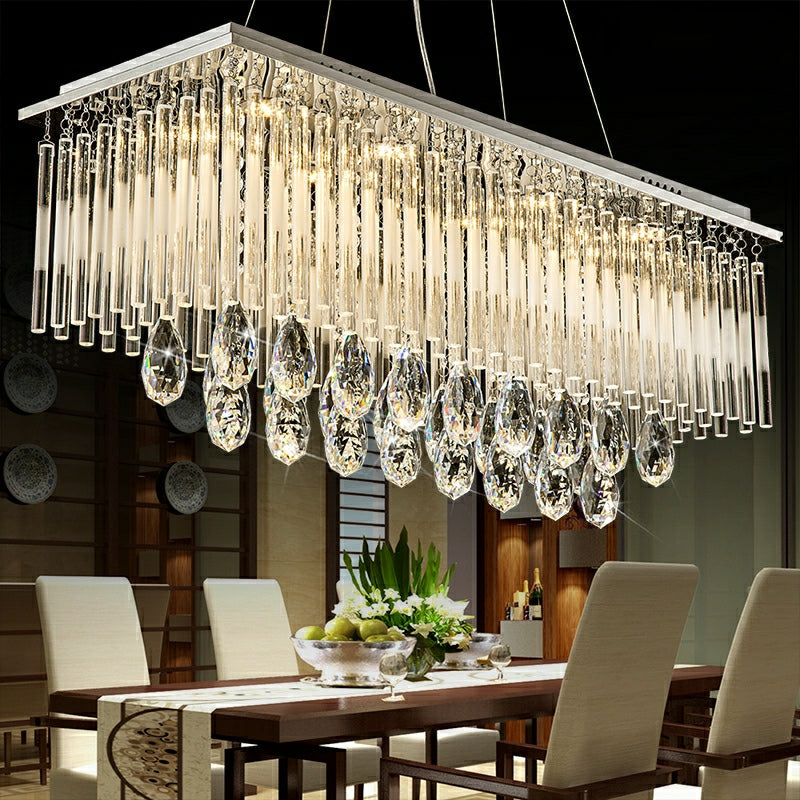 Rectangle Kitchen Island Crystal Drops Chandelier Ceiling Pendant Light For Long Dining Table-MEET LIGHTING