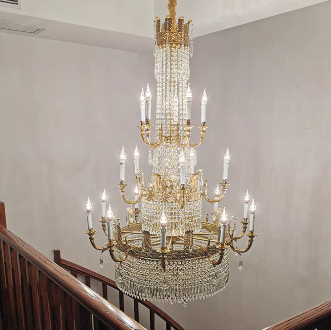 Stunning Oversized Luxury Golden Metal Candle Crystal Tassel Chandelier For High-ceiling Staircase/Entryway/Living/Meeting Room-MEET LIGHTING