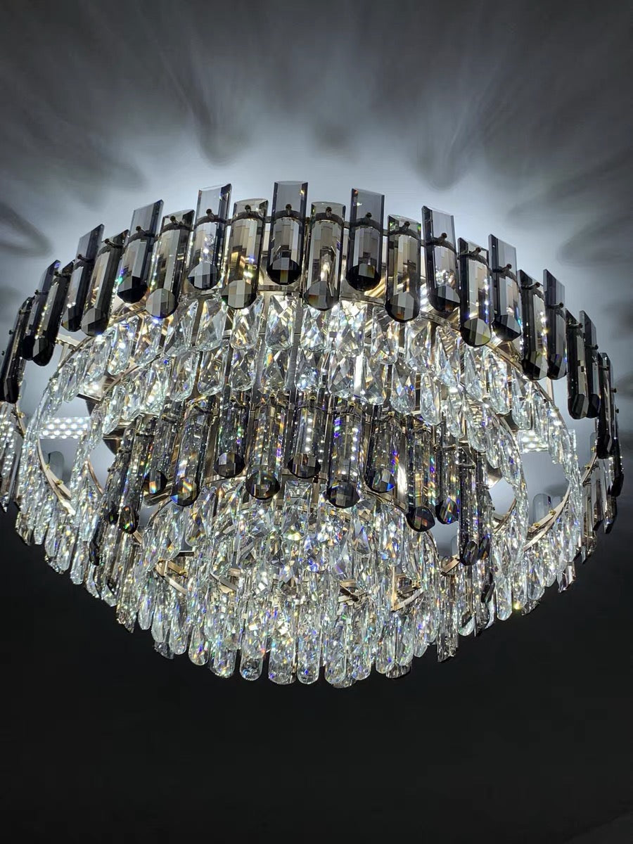 Smoke Gray Crystal Chandelier Flush Mounted Ceiling Light Fitxture Set for Dining Room/Living Room-MEET LIGHTING