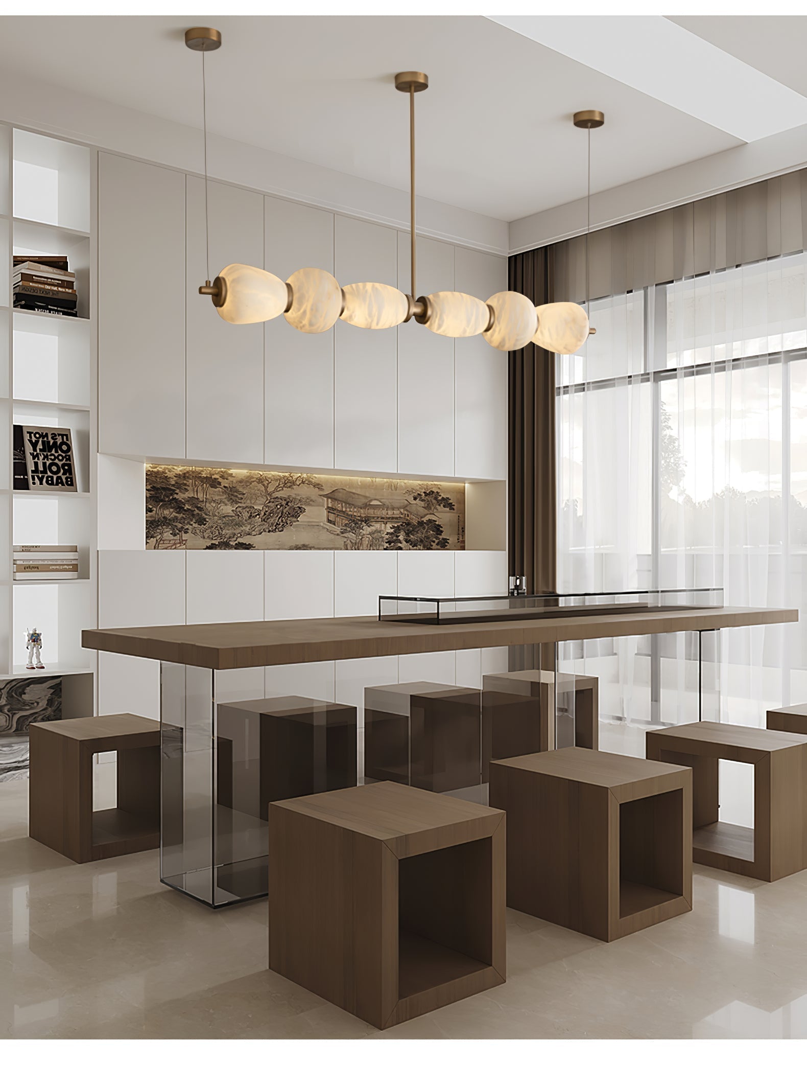 Alabaster Pebble Linear Chandelier - L 53.1″ x W 5.5″ x H 59.1″Gold & WhiteWarm LightBlushlighting