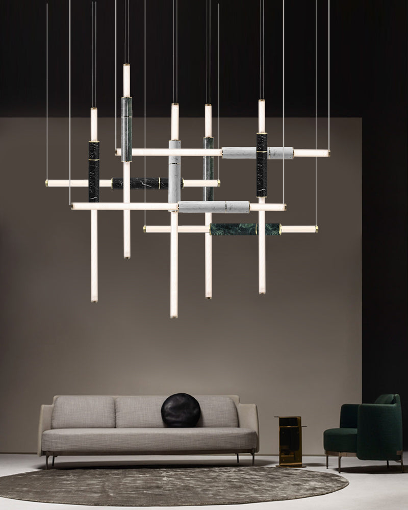 Slim Alabaster Linear Pipe Pendant Light - Silver, Green & Black - suspended vertically & horizontally