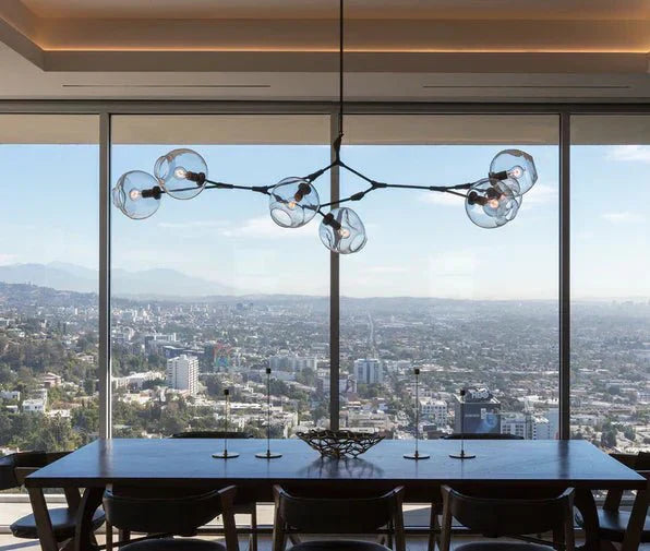 Modern Sputnik Smoky Gray/Amber Glass Branch Chandelier for Kitchen Island/Dining Room - 5 Globes/W64.2"*D20.86"*H20.87"Brass Finish/Clear GlassWarm meetlighting