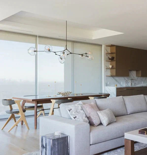 Modern Sputnik Smoky Gray/Amber Glass Branch Chandelier for Kitchen Island/Dining Room - 5 Globes/W64.2"*D20.86"*H20.87"Brass Finish/Clear GlassWarm meetlighting