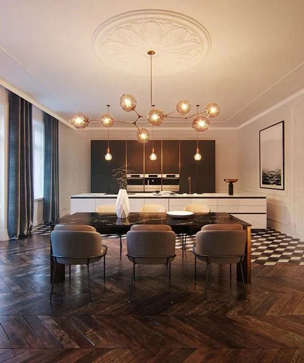 Modern Sputnik Smoky Gray/Amber Glass Branch Chandelier for Kitchen Island/Dining Room - 8 Globes/W89.76"*D33.07"*H22.8"Brass Finish/Clear GlassWarm meetlighting