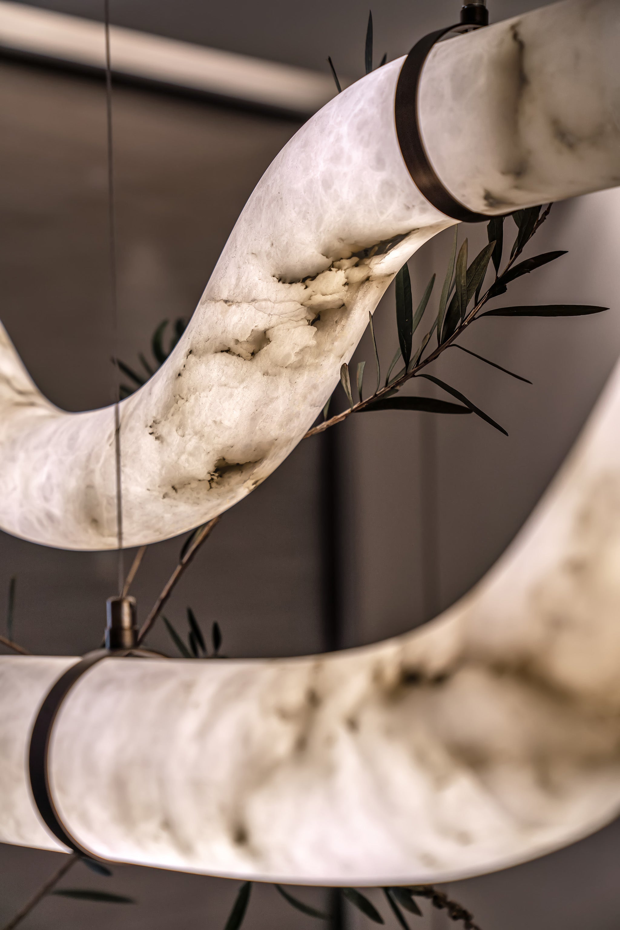 LED Linear Creative white Alabaster large copper Chandelier with straight/curved shape