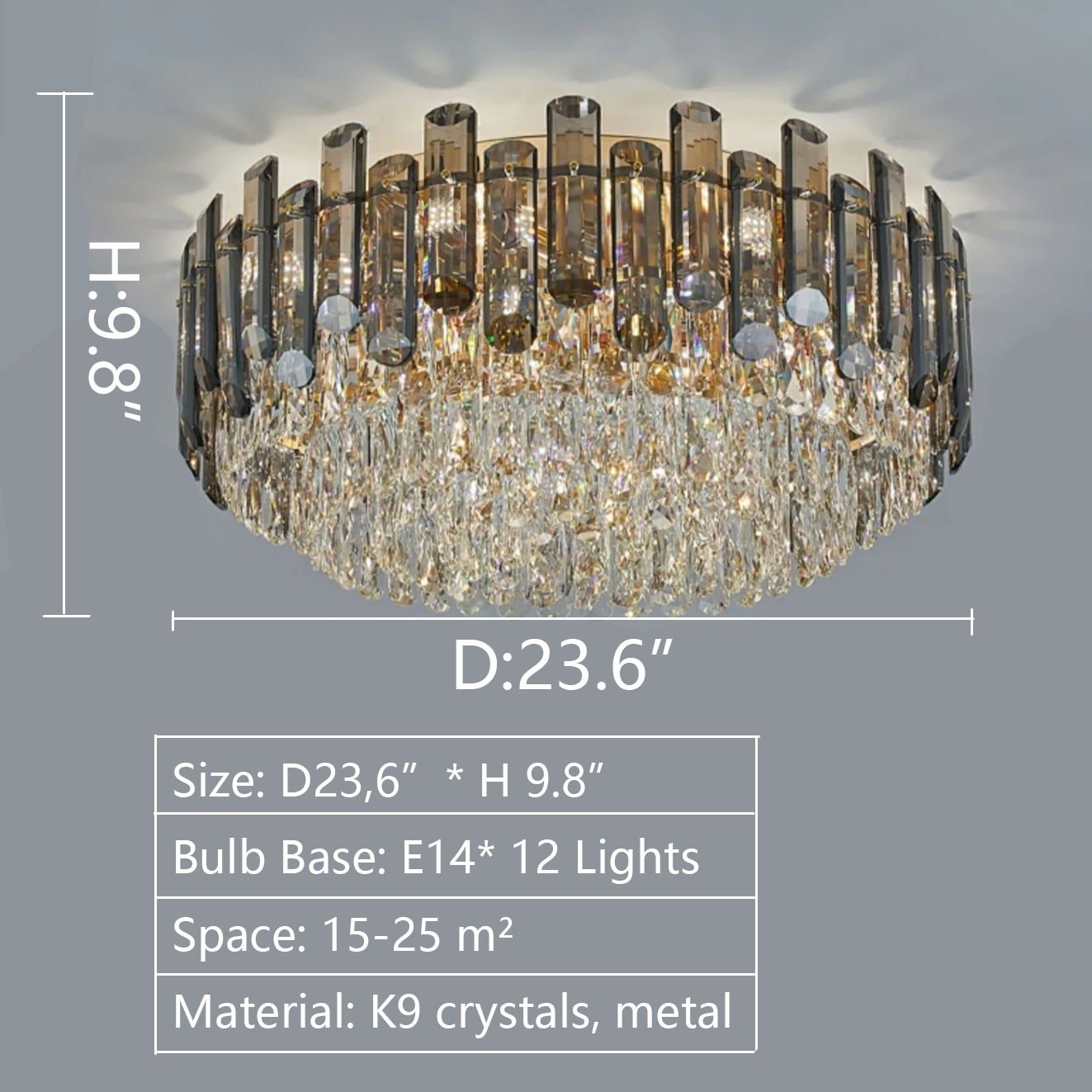 Smoke Gray Crystal Chandelier Flush Mounted Ceiling Light Fitxture Set for Dining Room/Living Room-MEET LIGHTING