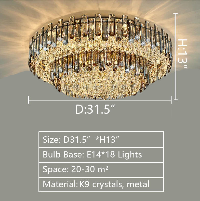 Smoke Gray Crystal Chandelier Flush Mounted Ceiling Light Fitxture Set for Dining Room/Living Room-MEET LIGHTING