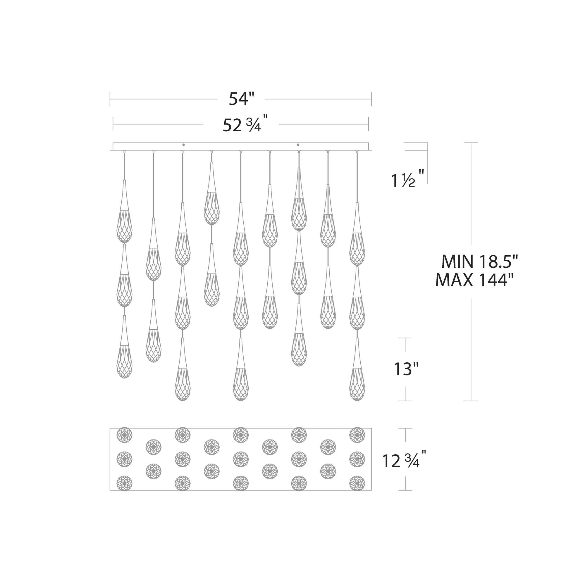 Hibiscus Linear LED Multi Pendant Light - line drawing.