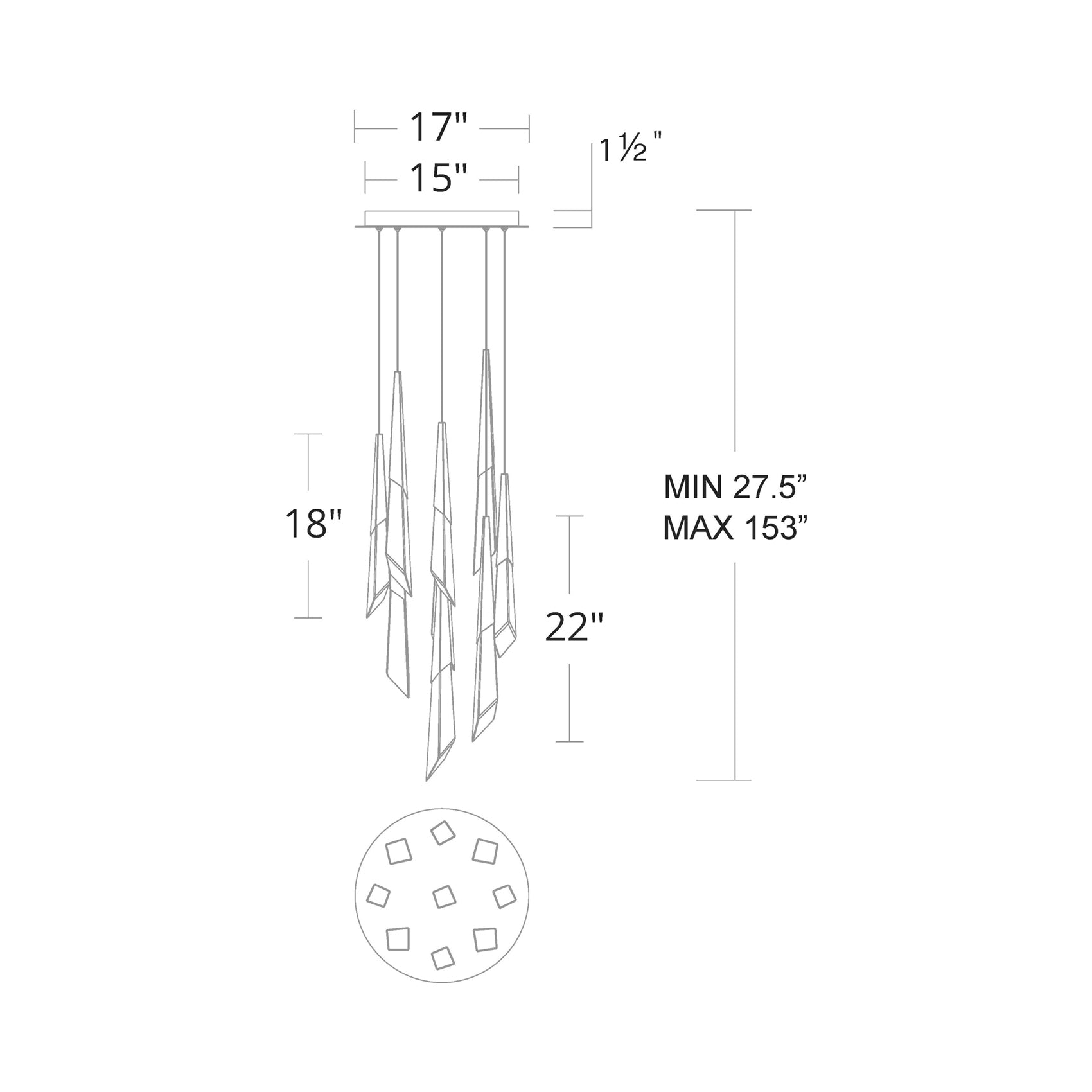 Solitude Round LED Multi Chandelier - line drawing.