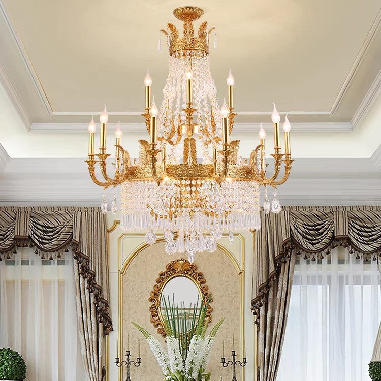 Stunning Oversized Luxury Golden Metal Candle Crystal Tassel Chandelier For High-ceiling Staircase/Entryway/Living/Meeting Room-MEET LIGHTING