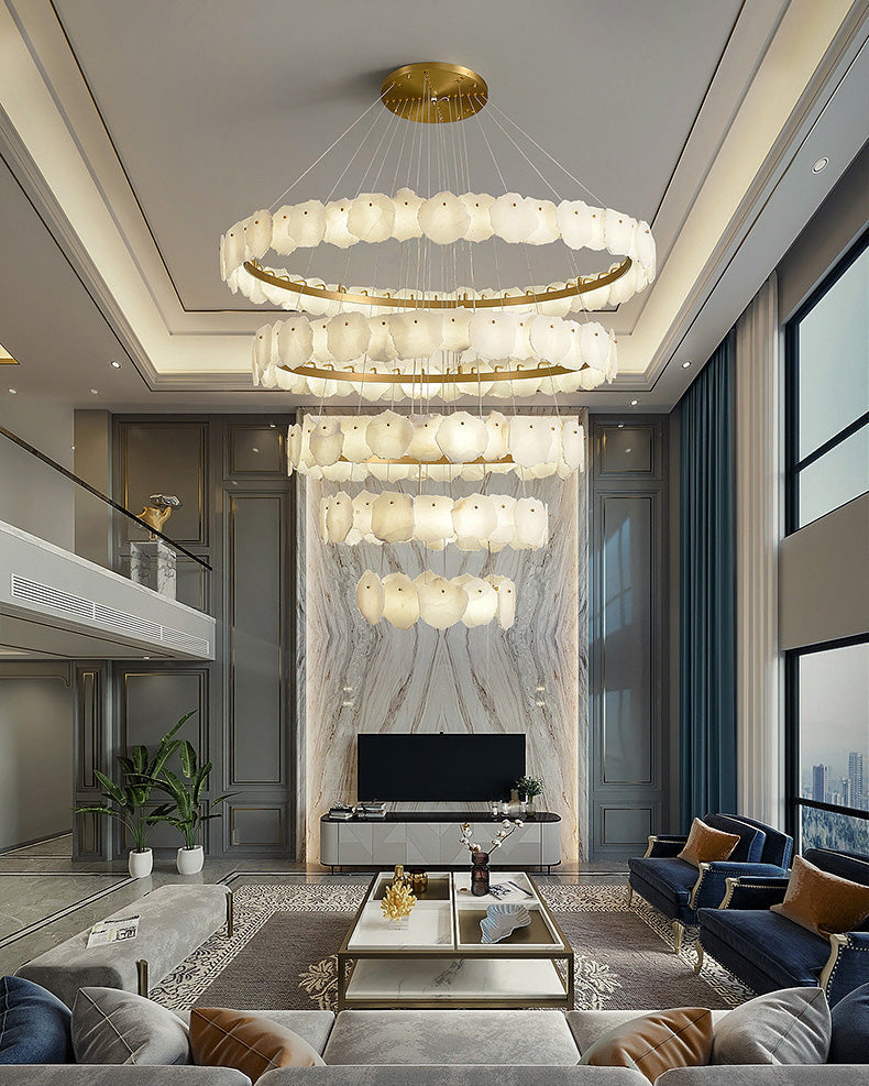 Tiered Circular Alabaster Chandelier-Chandelier-Ø47"xH79"-Gold-Warm White