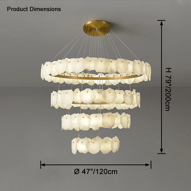 Chandelier with dimensions indicated on a gray background