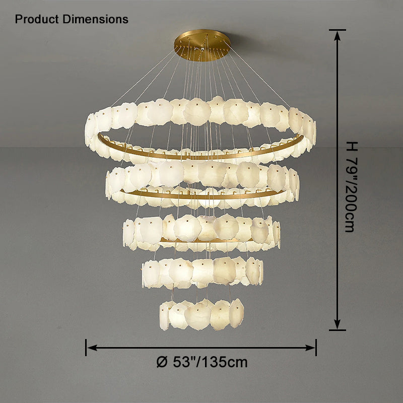 Chandelier with dimensions indicated on a gray background