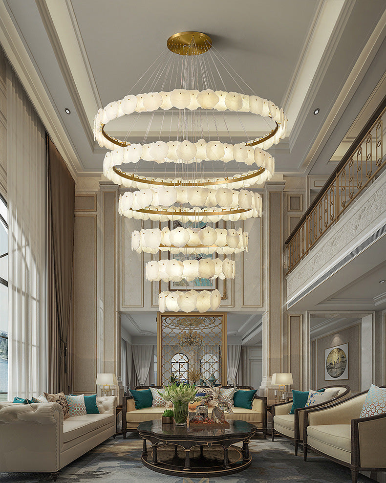 Tiered Circular Alabaster Chandelier-Chandelier-Ø47"xH79"-Gold-Warm White
