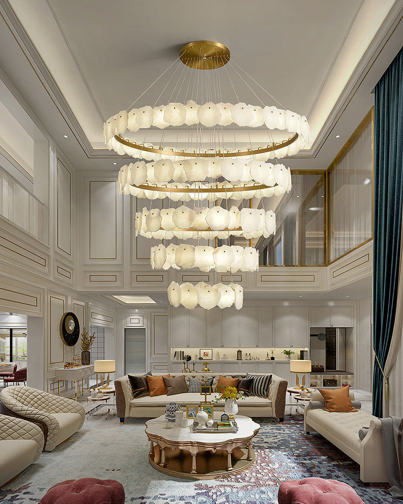 Tiered Circular Alabaster Chandelier-Chandelier-Ø47"xH79"-Gold-Warm White