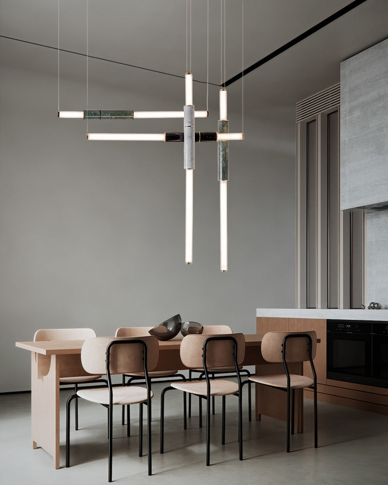 Slim Alabaster Linear Pipe Pendant Light - Silver, Green & Black - suspended vertically & horizontally