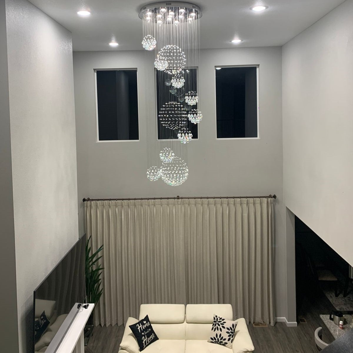 Stately Duplex Crystal Chandelier Spiral Raindrop Globe Shape Ceiling Hanging Light for Entryway/Staircase-MEET LIGHTING