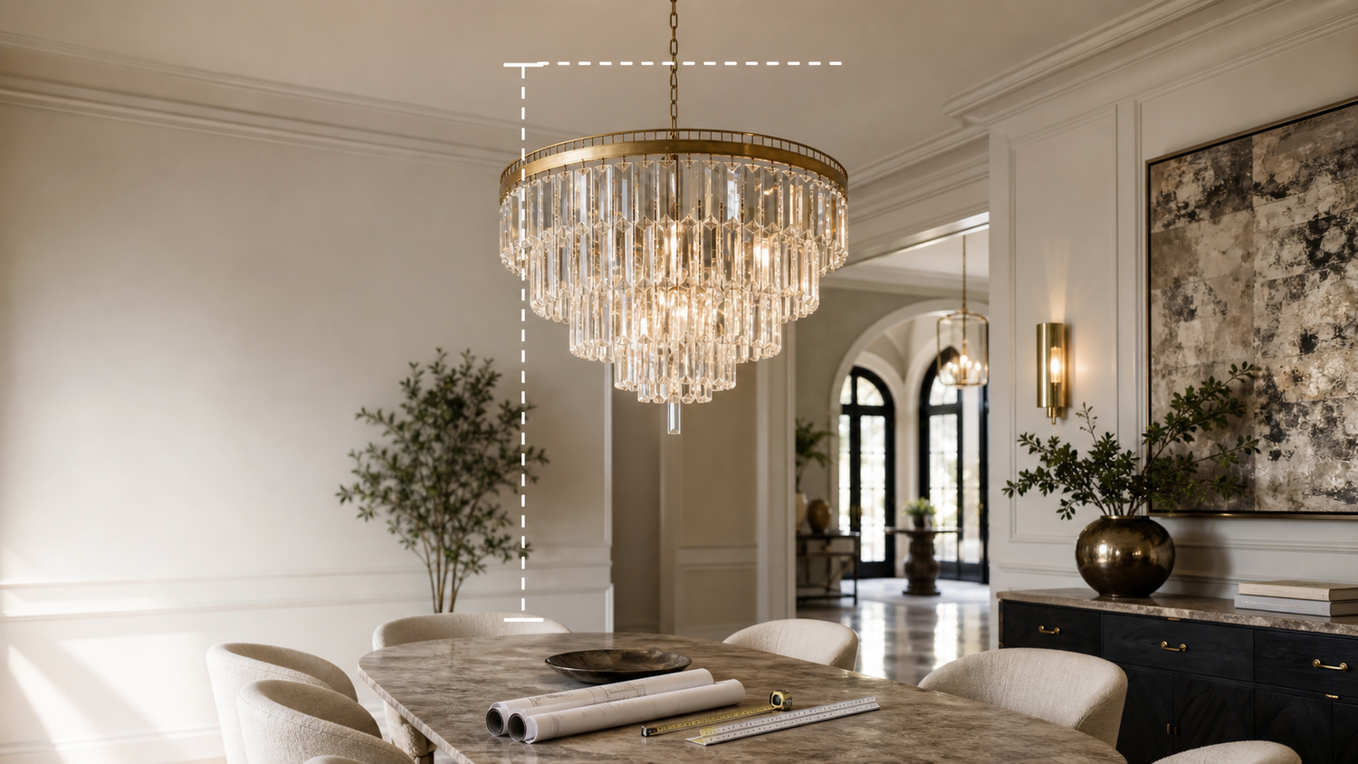 Custom chandelier sizing guide in a luxury dining room
