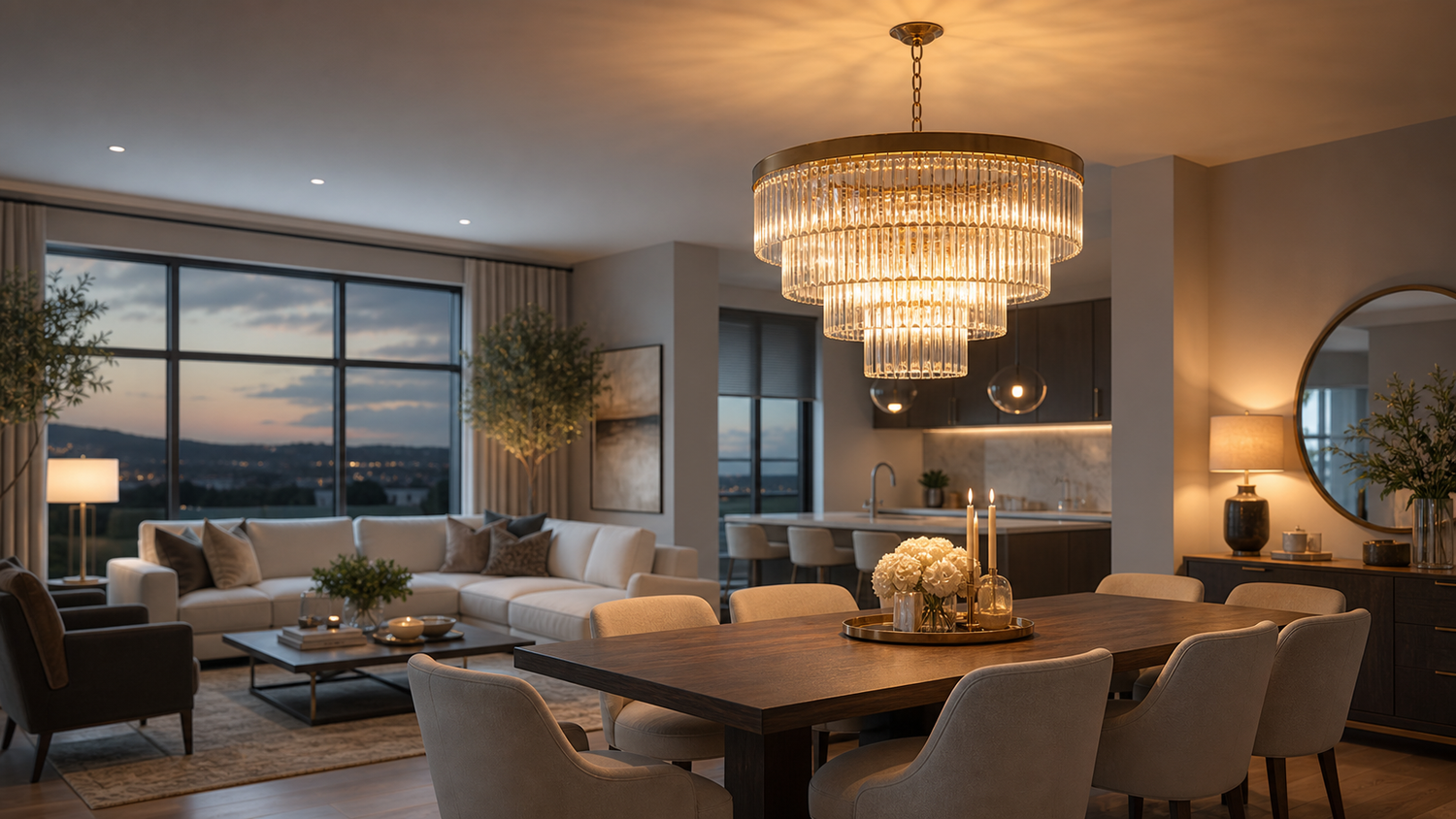 Warm chandelier light in an elegant living and dining room