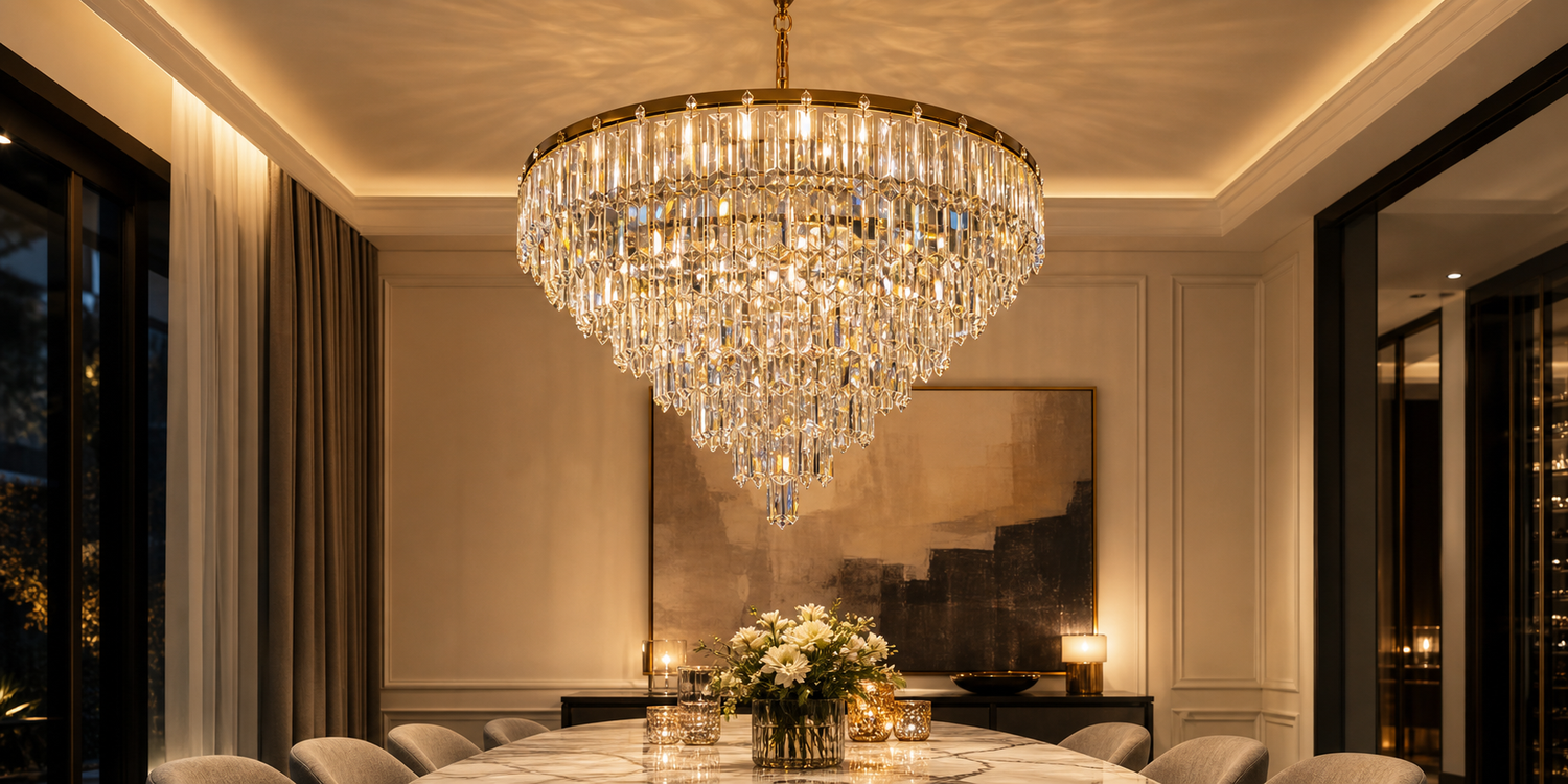 K9 crystal chandelier in a luxury dining room