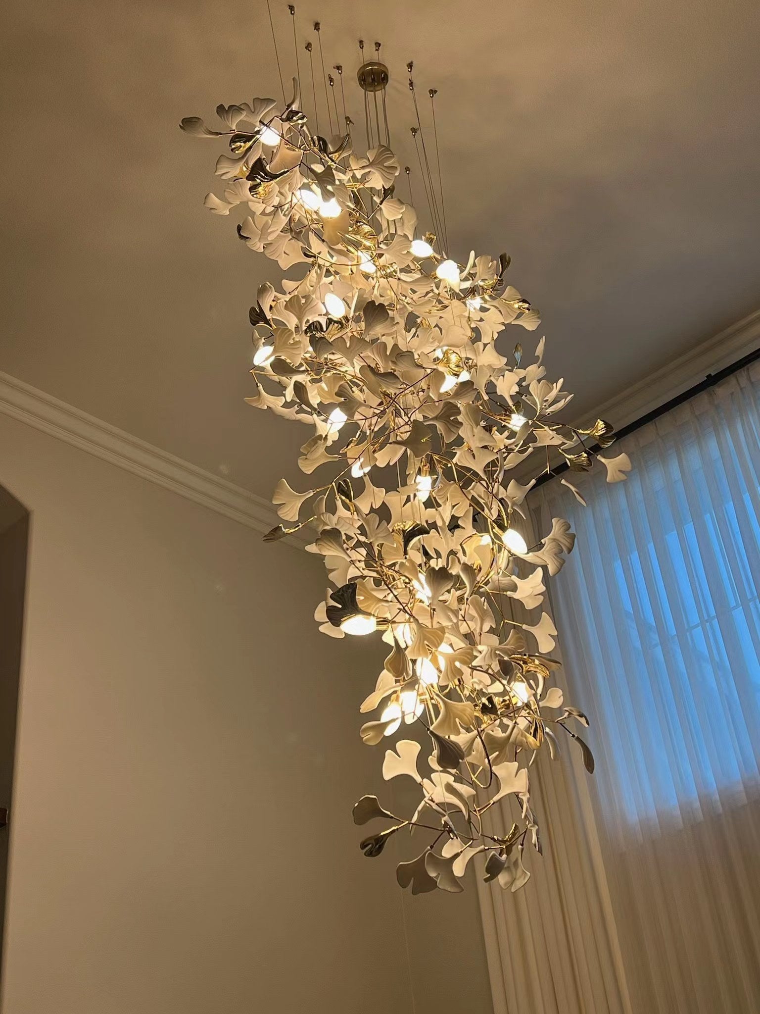 Ceramics Ginkgo Leaves Twig Chandelier Tree Branch Shaped Pendant Light For High Ceiling Living Room Hotel Hall-MEET LIGHTING