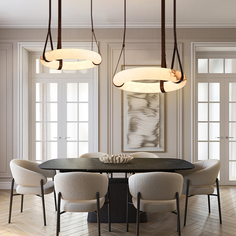 Olso Alabaster Ring Round Pendant Chandelier, Modern Leather Strip Chandelier