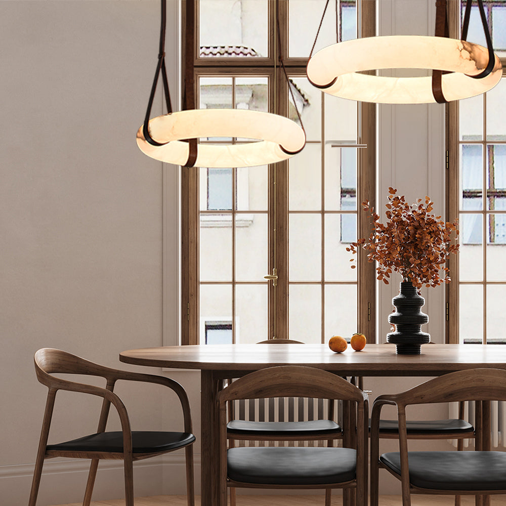 Olso Alabaster Ring Round Pendant Chandelier, Modern Leather Strip Chandelier