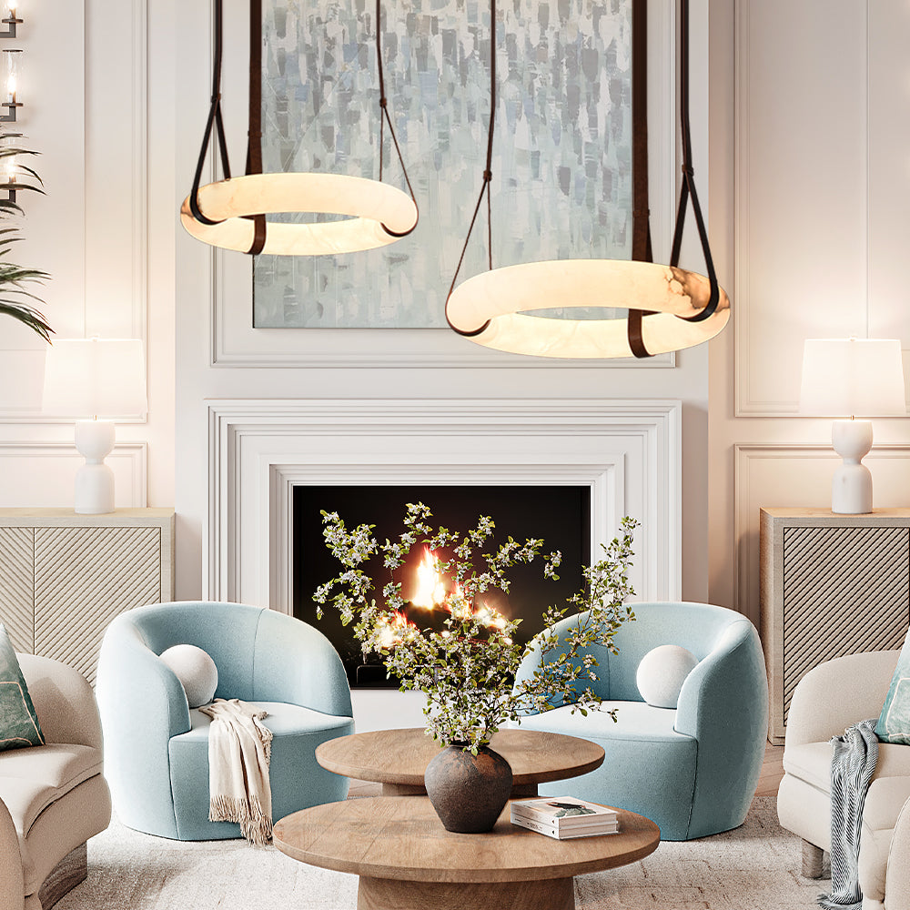 Olso Alabaster Ring Round Pendant Chandelier, Modern Leather Strip Chandelier