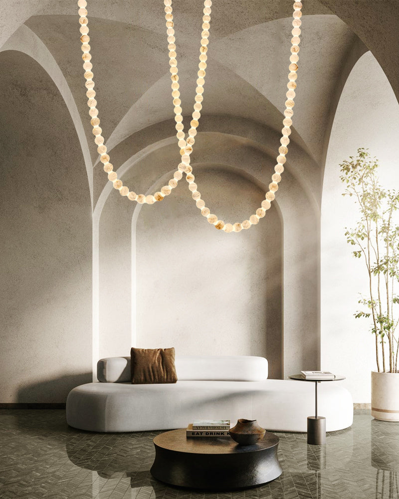 Modern LED Natural Alabaster Globes Beads Hanging Chandelier Indoor Lighting Fixture by Meetlighting