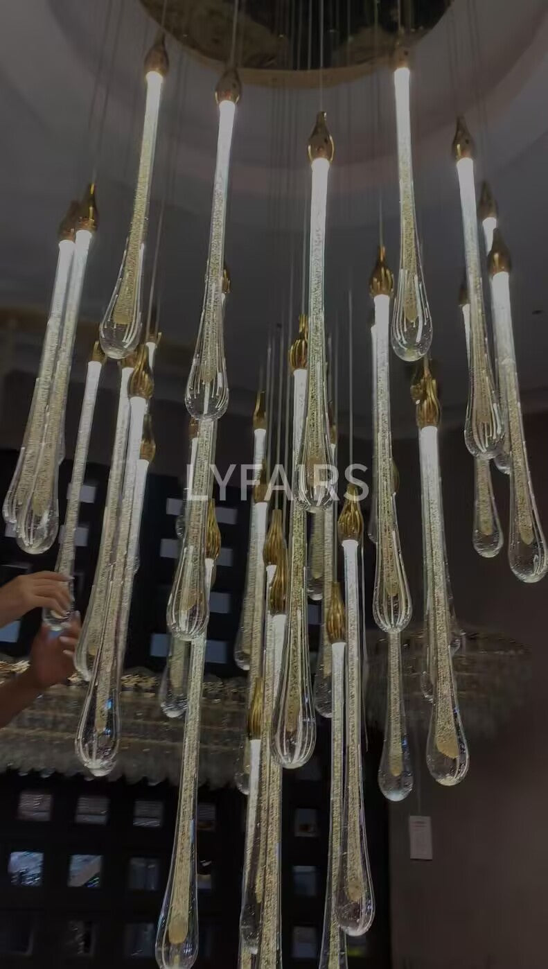 Foyer Glass Drops Pendant Chandelier Spiral Staircase High Ceiling Light Fixture In Gold Finish-MEET LIGHTING