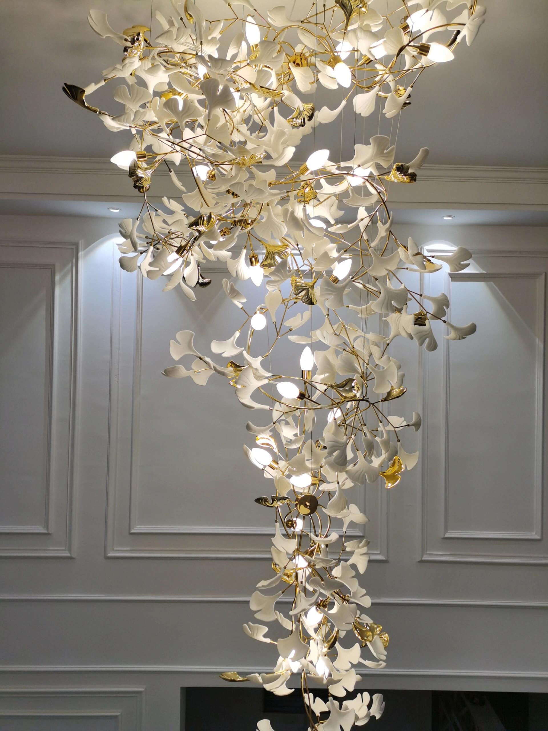 Ceramics Ginkgo Leaves Twig Chandelier Tree Branch Shaped Pendant Light For High Ceiling Living Room Hotel Hall-MEET LIGHTING