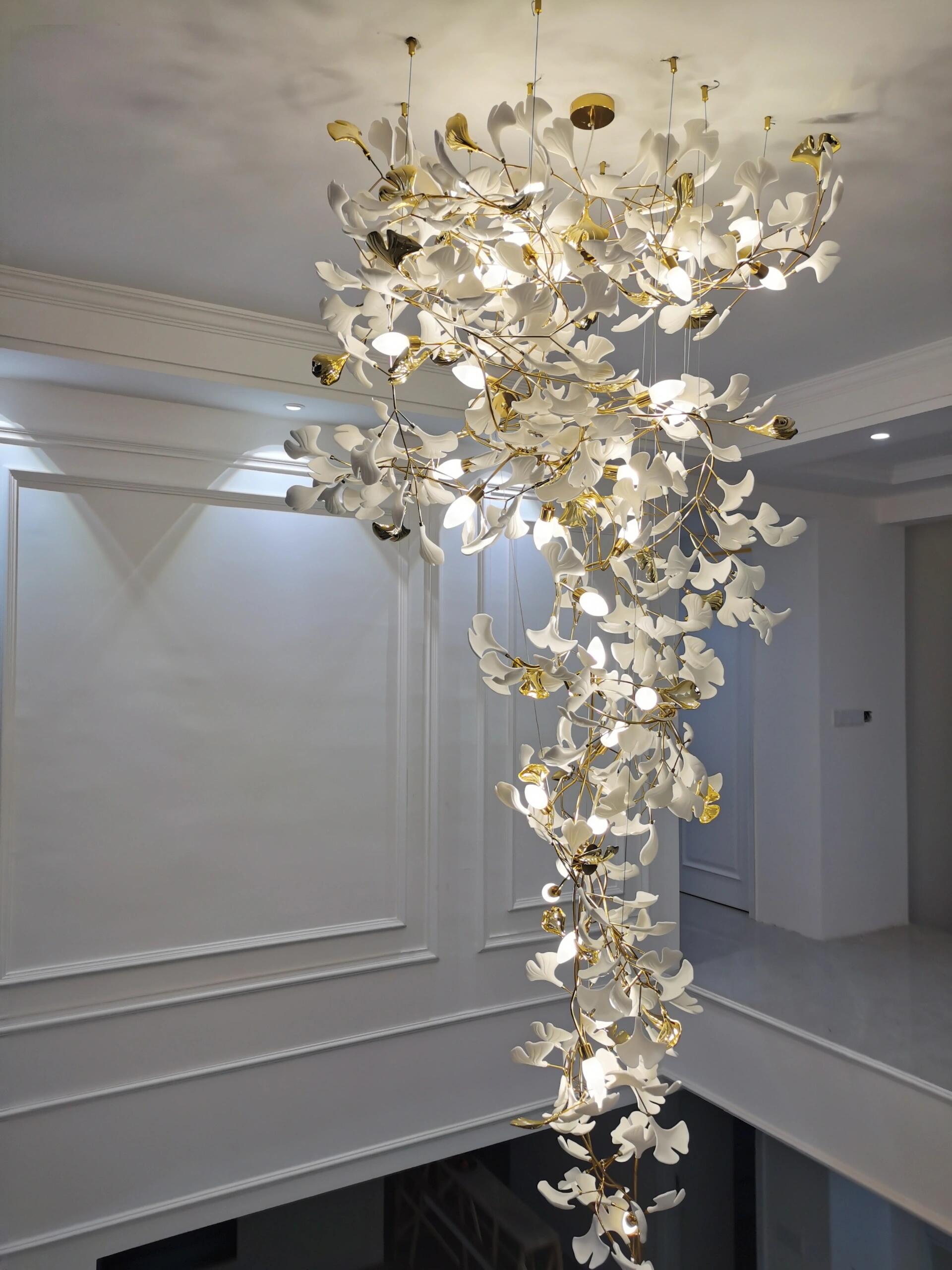 Ceramics Ginkgo Leaves Twig Chandelier Tree Branch Shaped Pendant Light For High Ceiling Living Room Hotel Hall-MEET LIGHTING