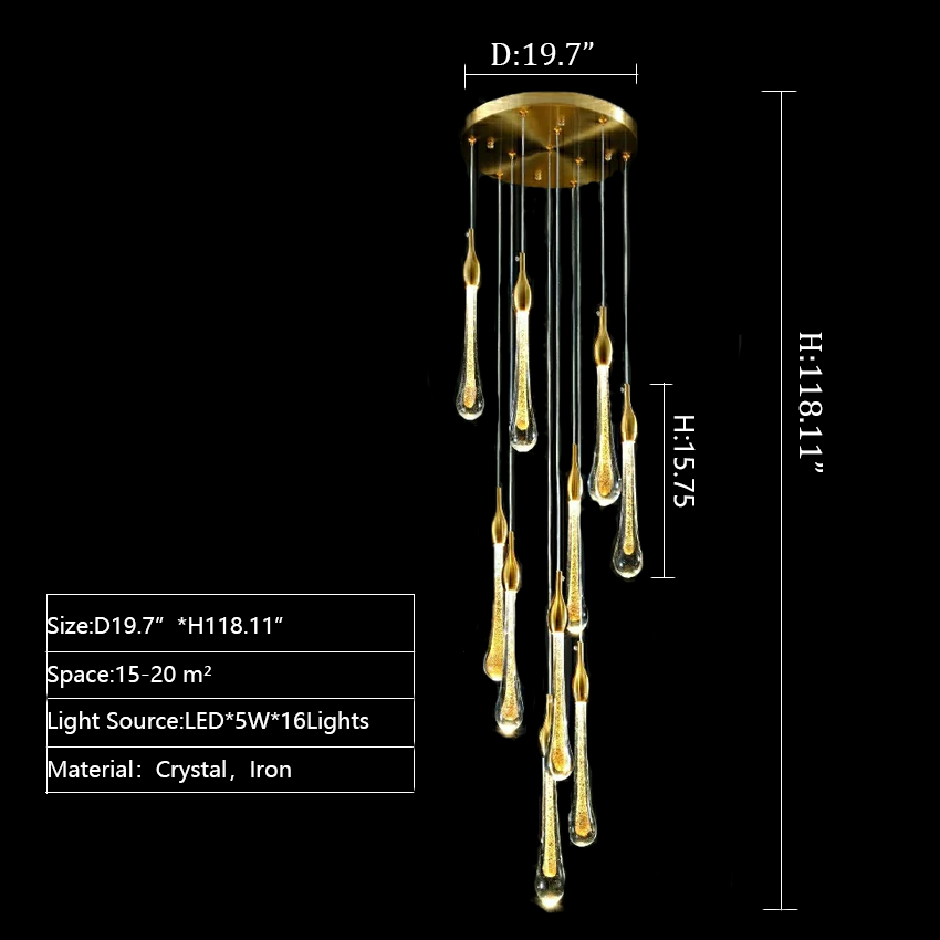 Foyer Glass Drops Pendant Chandelier Spiral Staircase High Ceiling Light Fixture In Gold Finish-MEET LIGHTING
