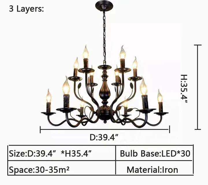 Multi Layer Iron Chandelier with Electronic Candles in Vintage Country Style for Living Room Cafe and Study-MEET LIGHTING